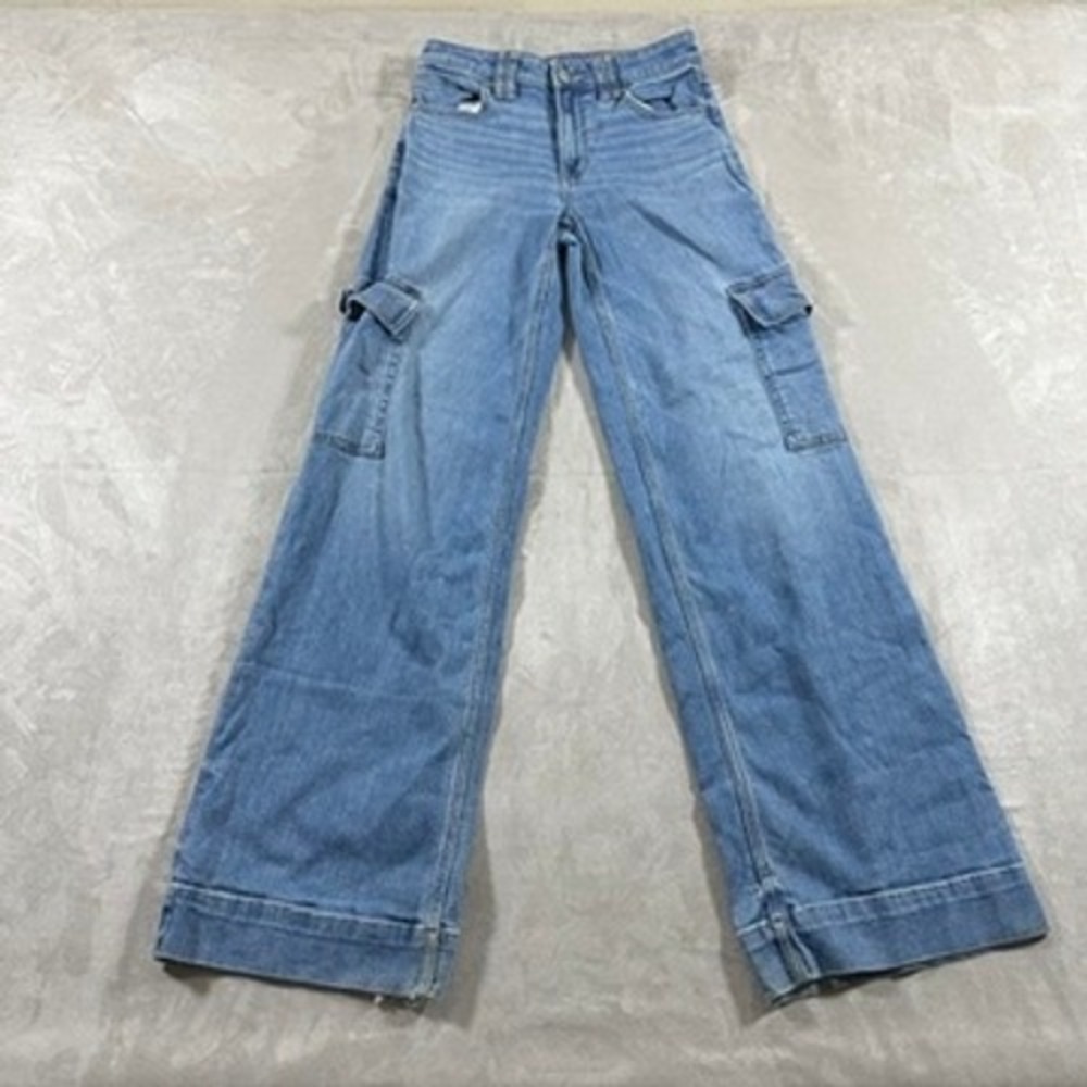 American Eagle Cargo Jeans Women 00 Light Blue Super High Rise Baggy Wide Leg
